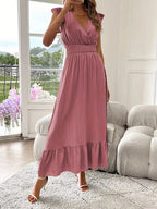 Women's V-Neck Tiered Evening Maxi Dress – Short Sleeve Smocked Waist Dress