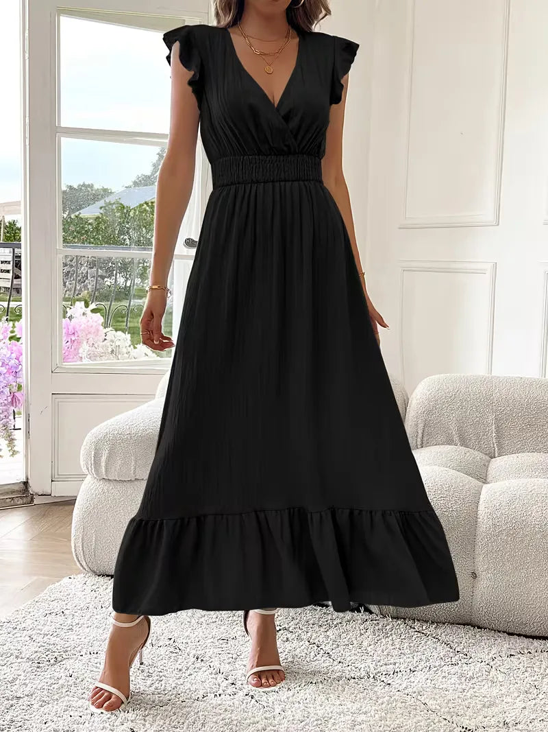 Women's V-Neck Tiered Evening Maxi Dress – Short Sleeve Smocked Waist Dress