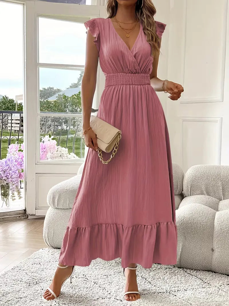 Women's V-Neck Tiered Evening Maxi Dress – Short Sleeve Smocked Waist Dress