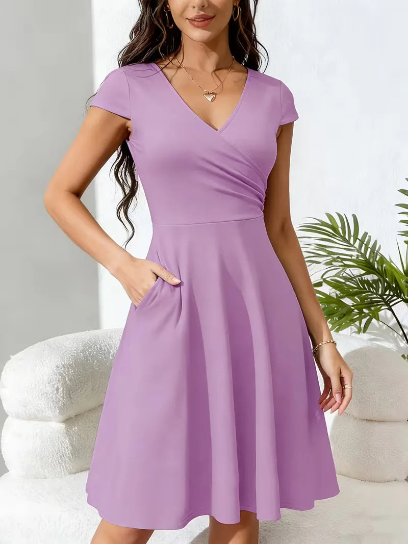 Women's V-Neck Pocket A-Line Dress – Short Sleeve Knee Length Dress