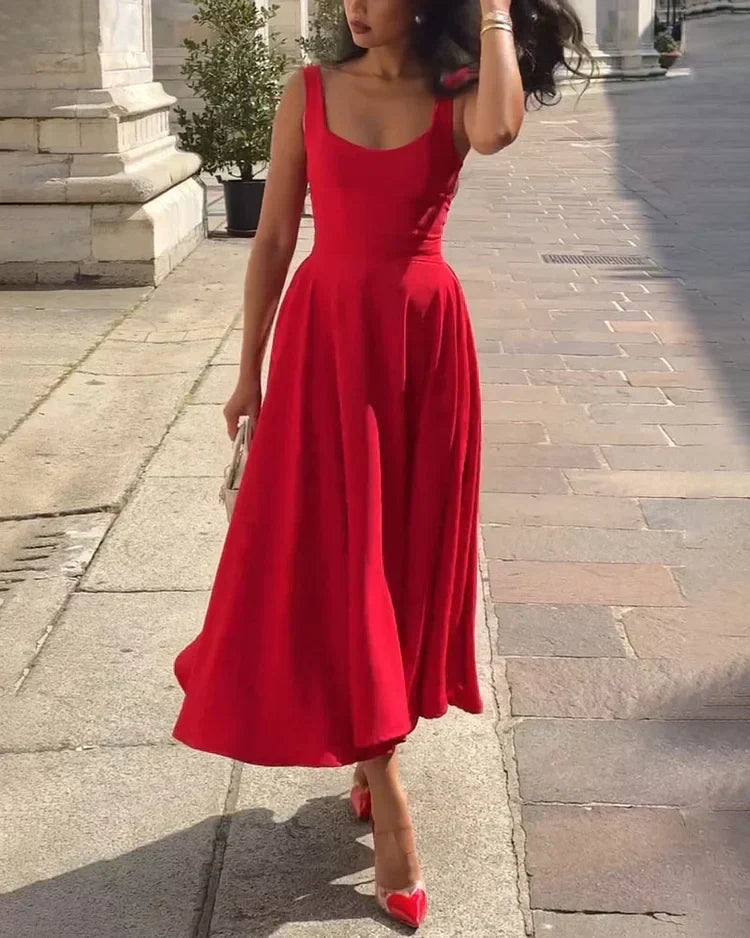 Women's Strappy Bodycon Midi Dress – Red Fitted Cocktail Party Dress