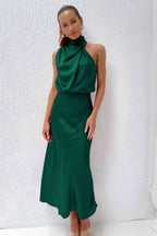 Women's Halter Cocktail Midi Dress – Flowy Relaxed Occasion Dress