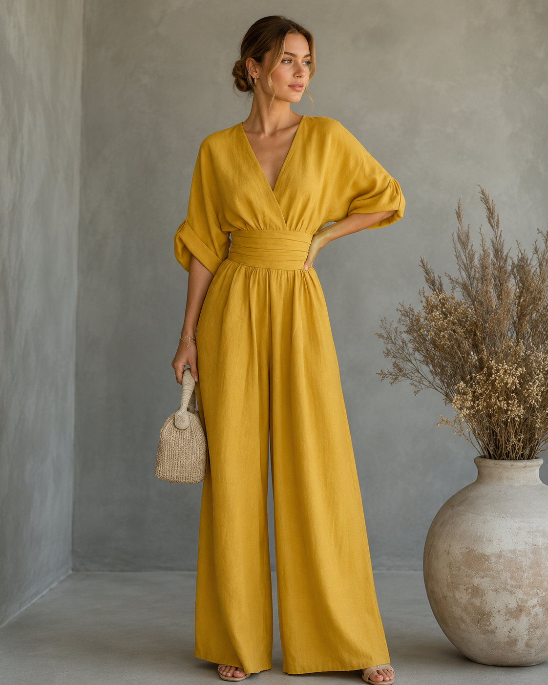 Women's V-Neck Wrap Wide Leg Jumpsuit – Cinched Waist Evening Occasion Jumpsuit