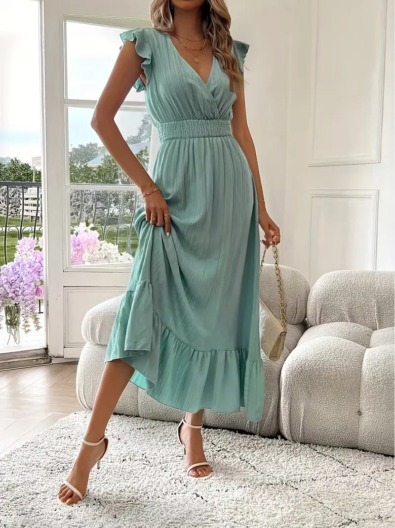 Women's V-Neck Tiered Evening Maxi Dress – Short Sleeve Smocked Waist Dress