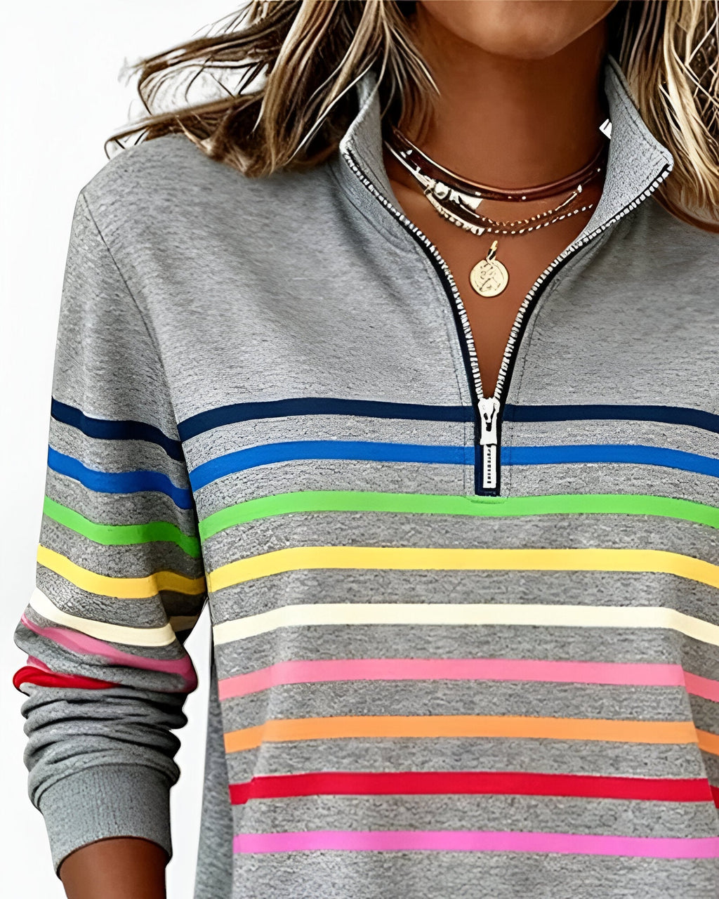 Women's High Neck Zip Sweater – Striped Zip Front Pullover