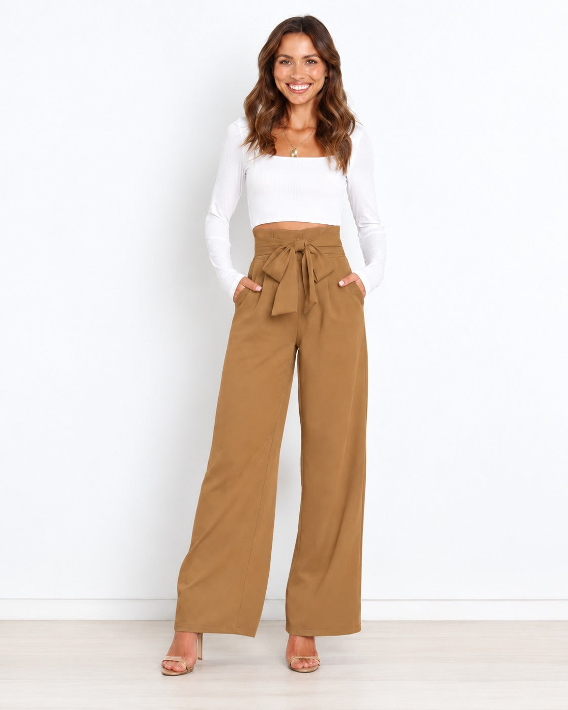 Women's Bow Tie Paperbag Waist Pants – High Rise Wide Leg Trousers