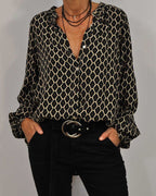 Women's Printed V-Neck Blouse – Geometric Long Sleeve Blouse