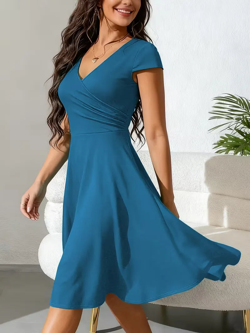 Women's V-Neck Pocket A-Line Dress – Short Sleeve Knee Length Dress