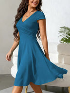 Women's V-Neck Pocket A-Line Dress – Short Sleeve Knee Length Dress