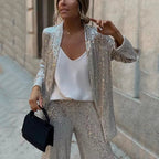 Women's Sequin Evening Set – Fitted Top & High Waist Party Pants Set