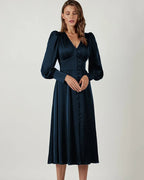 Women's V-Neck Wedding Guest Maxi Dress – Lantern Sleeve Flowy Formal Dress