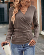 Women's Pleated V-Neck Wrap Blouse – Fitted Long Sleeve Blouse
