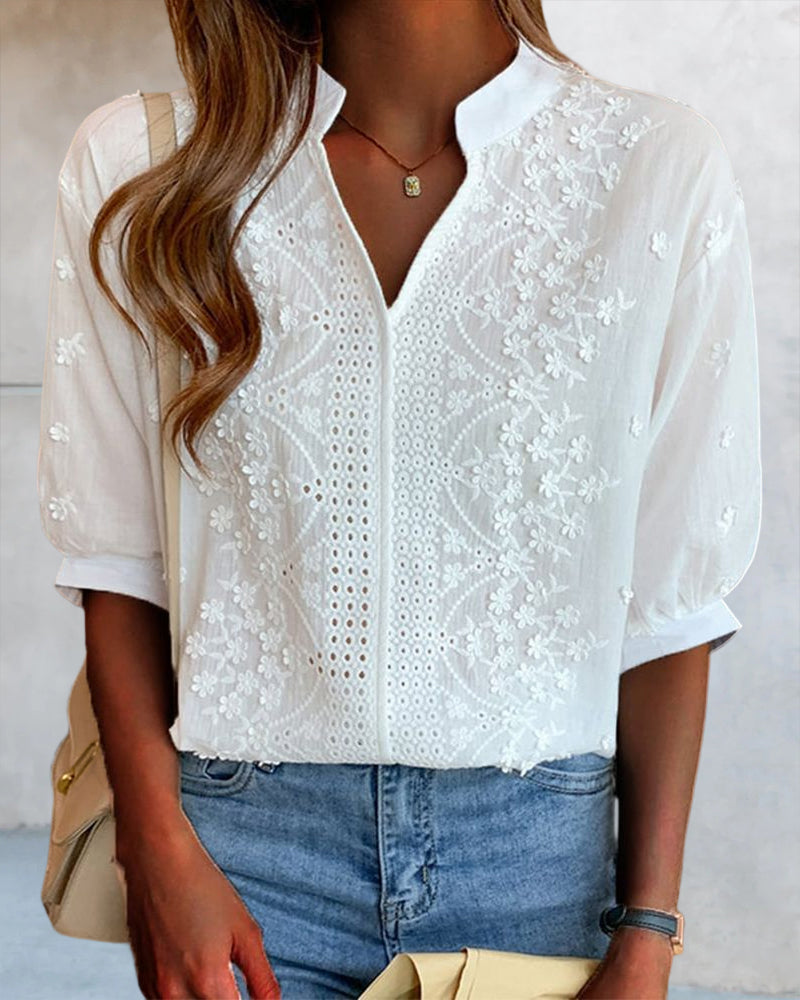 Women's V-Neck Long Sleeve Blouse – Puff Sleeve Relaxed Blouse