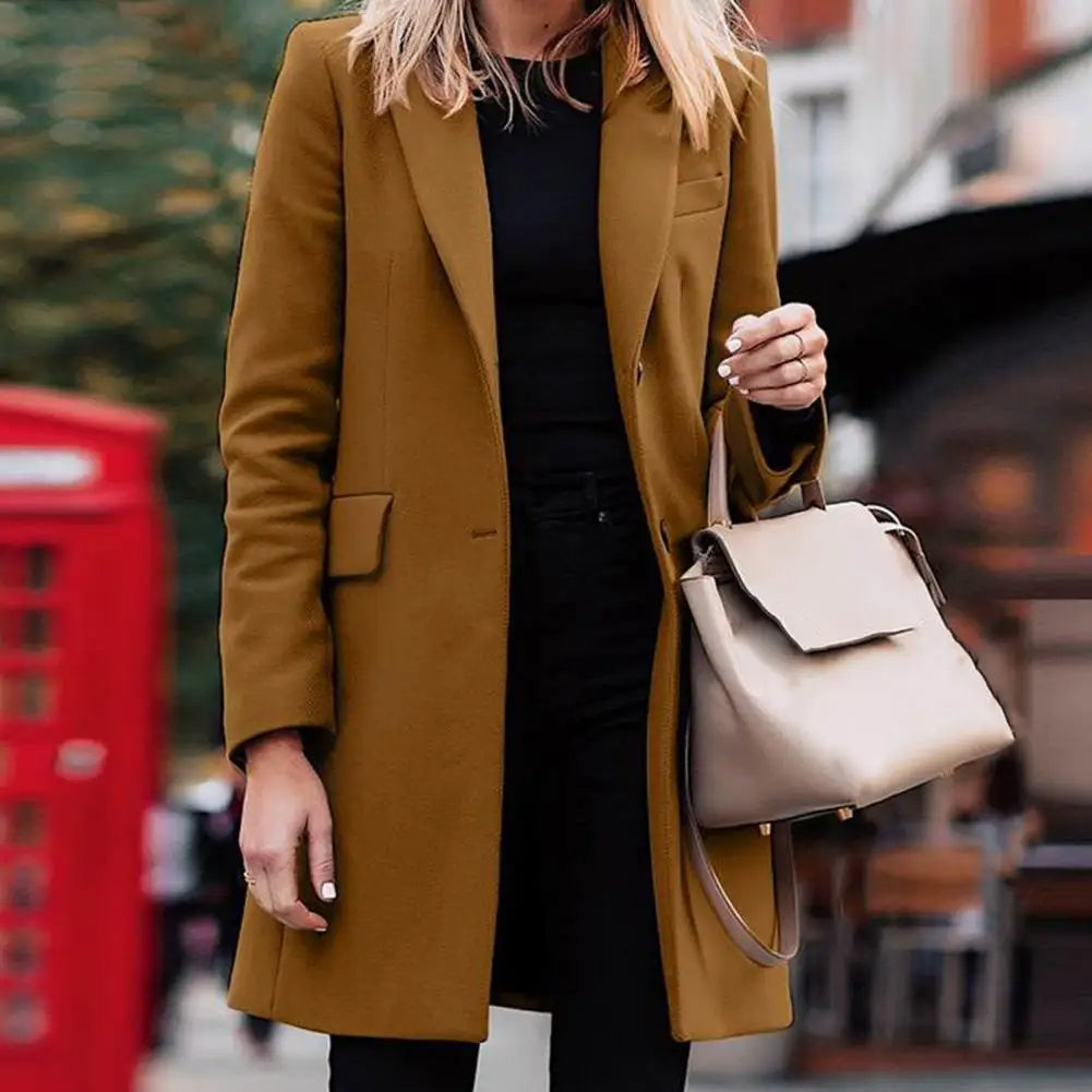 Women's Double-Breasted Mid-Length Coat – Tailored Lapel Overcoat