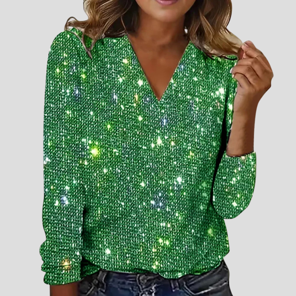 Women's Sparkle Party Blouse – Sequin V-Neck Long Sleeve Blouse