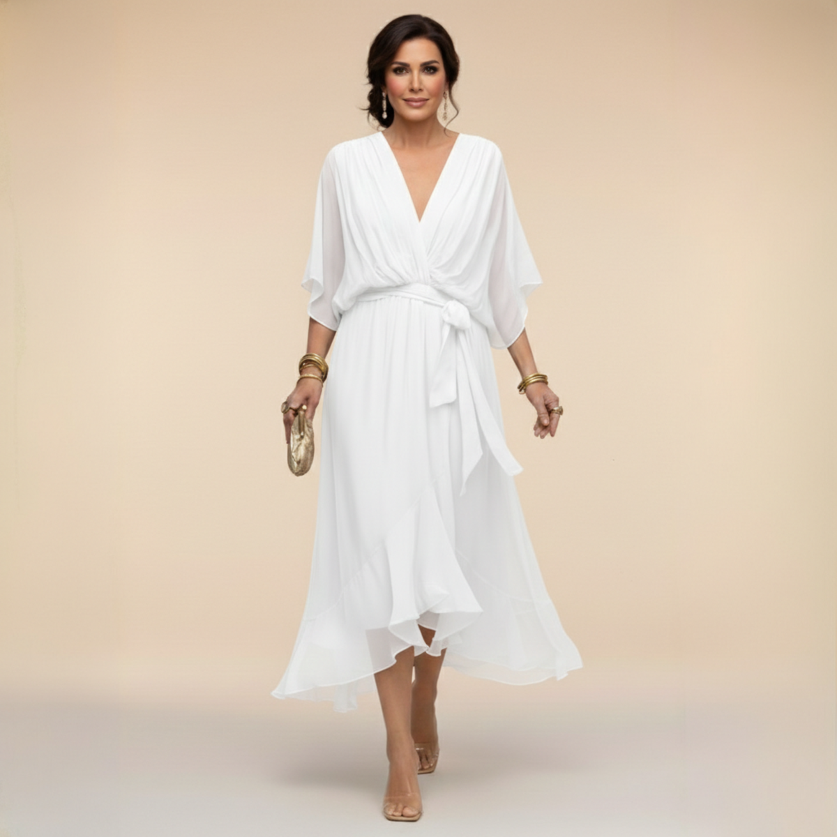 Women's V-Neck Summer Dress – Three-Quarter Sleeve Flowy Dress