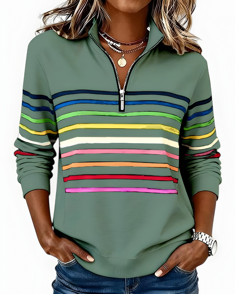 Women's High Neck Zip Sweater – Striped Zip Front Pullover