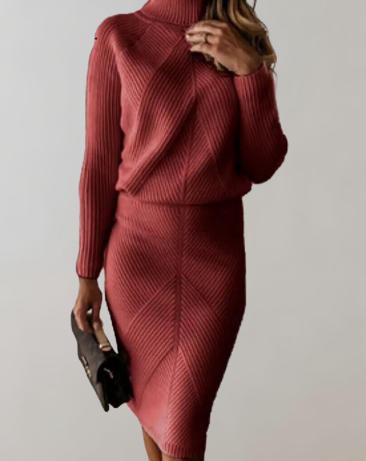 Women's Turtleneck Midi Skirt Set – Fitted Long Sleeve Two-Piece Set