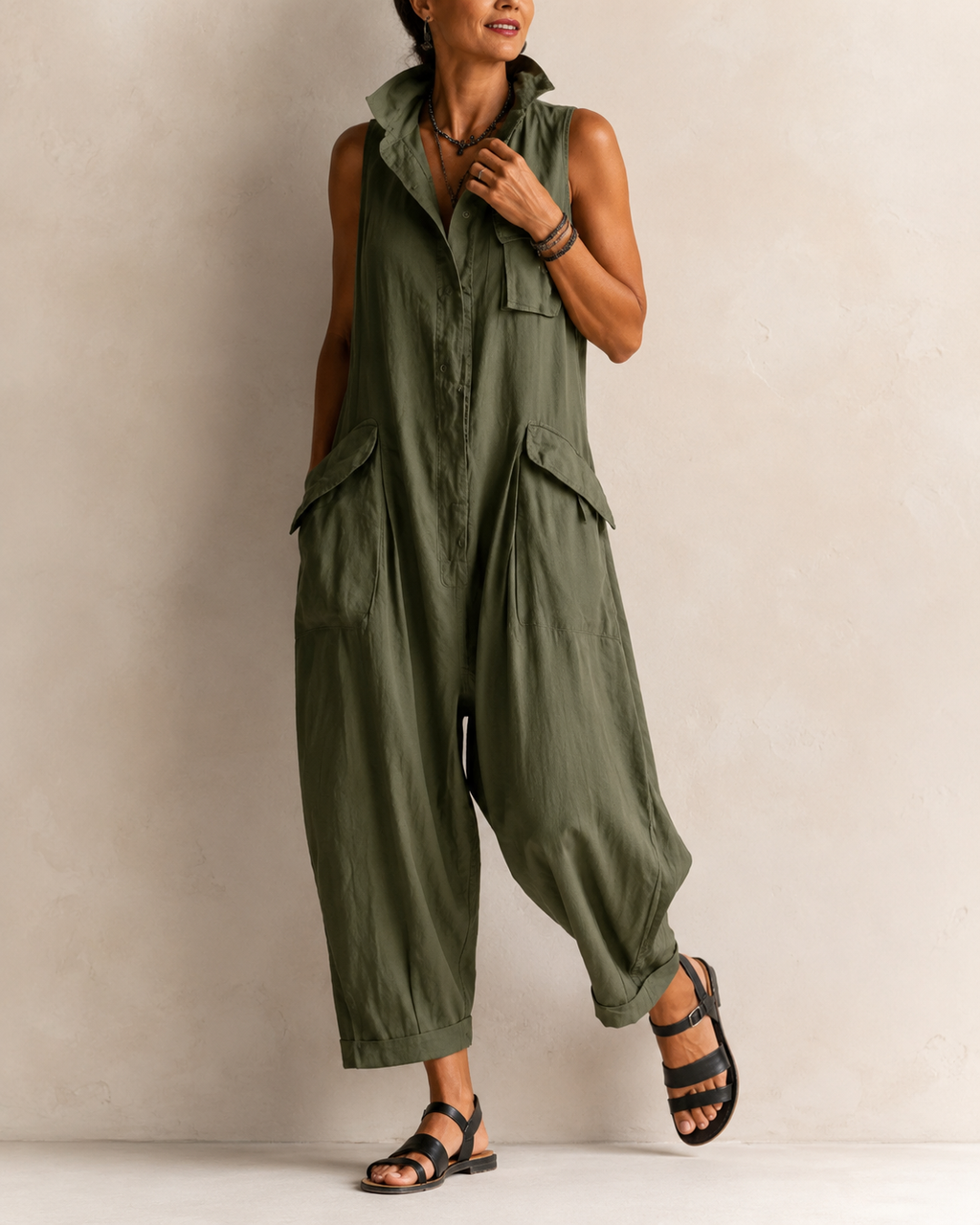 Women's Sleeveless Collared Jumpsuit – Relaxed Fit Pocket Casual Jumpsuit