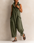 Women's Sleeveless Collared Jumpsuit – Relaxed Fit Pocket Casual Jumpsuit