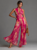 Women's Halter Wide Leg Jumpsuit – Defined Waist Evening Occasion Jumpsuit