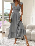 Women's V-Neck Tiered Evening Maxi Dress – Short Sleeve Smocked Waist Dress