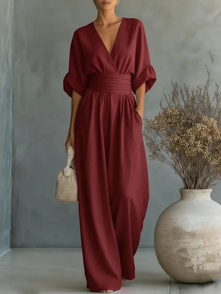 Women's V-Neck Wide Leg Jumpsuit – High Waist Pocket Formal Jumpsuit