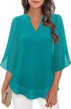 Women's V-Neck Loose Sleeve Blouse – Wide Sleeve Flowy Casual Blouse