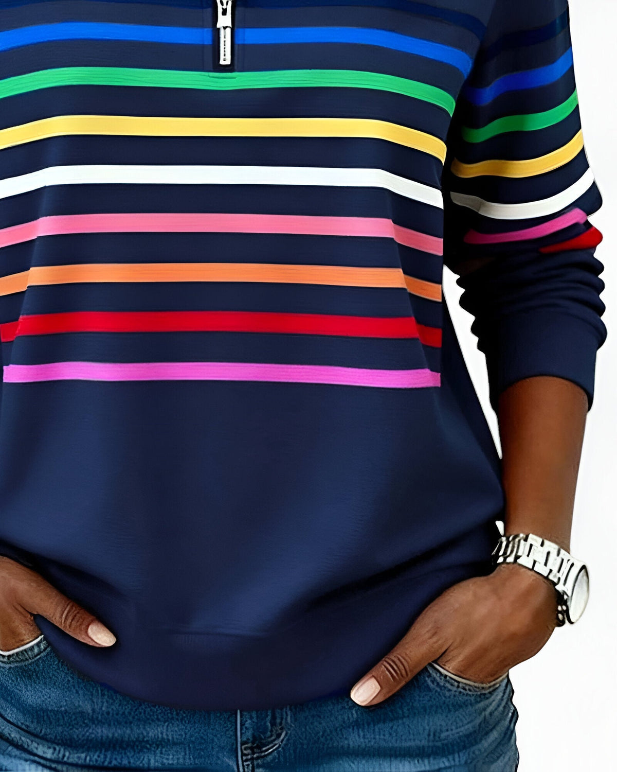Women's High Neck Zip Sweater – Striped Zip Front Pullover