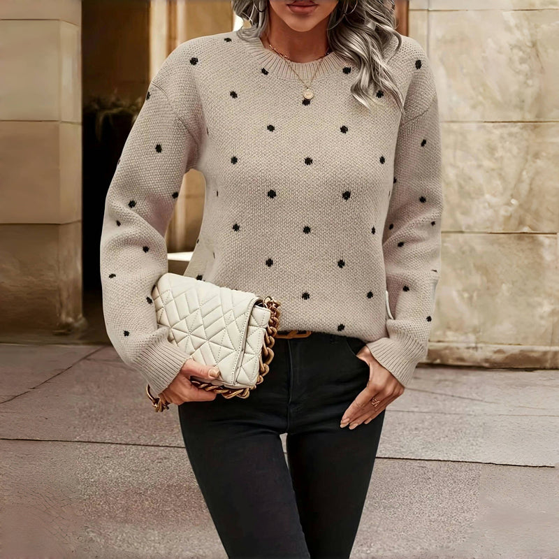 Women's Polka Dot Knit Sweater – Oversized Sleeve Round Neck Sweater