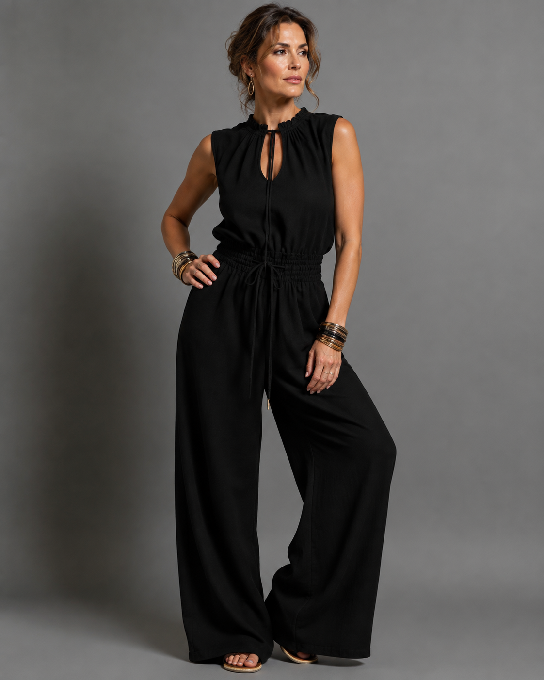 Women's Sleeveless Wide Leg Jumpsuit – High Neck Belted Casual Jumpsuit