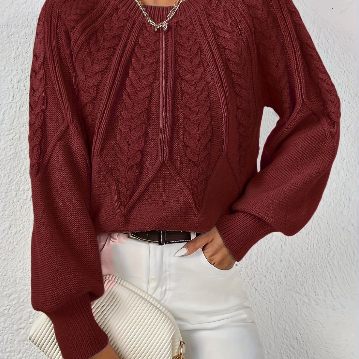 Women's Cable Knit Winter Sweater – Statement Lantern Sleeve Sweater