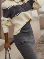 Women's Ribbed Knit Skirt Set – High Neck Sweater Co-Ord