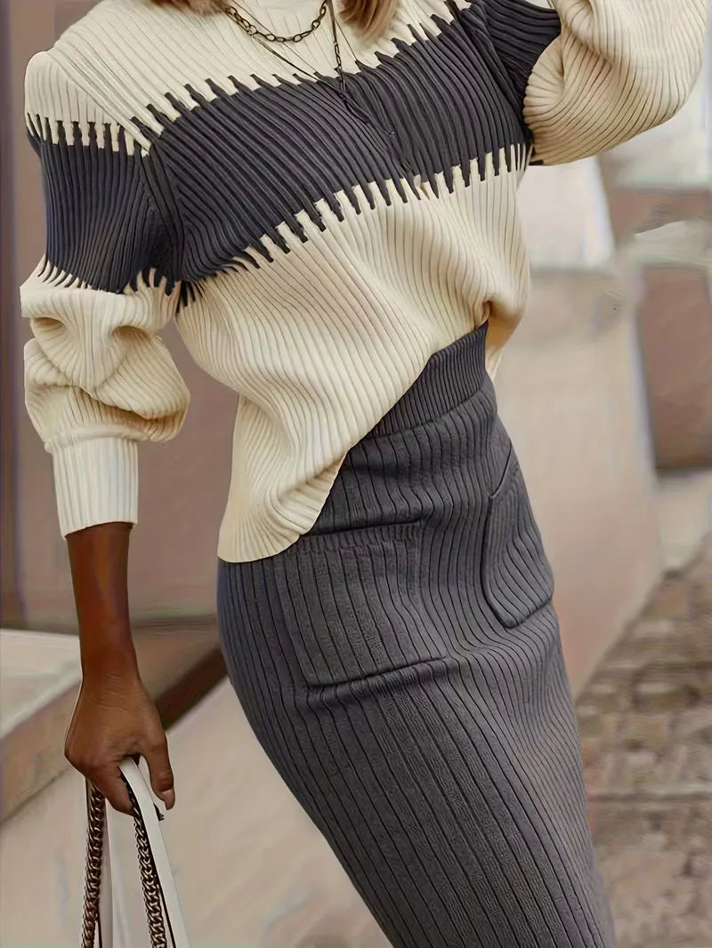 Women's Ribbed Knit Skirt Set – High Neck Sweater Co-Ord