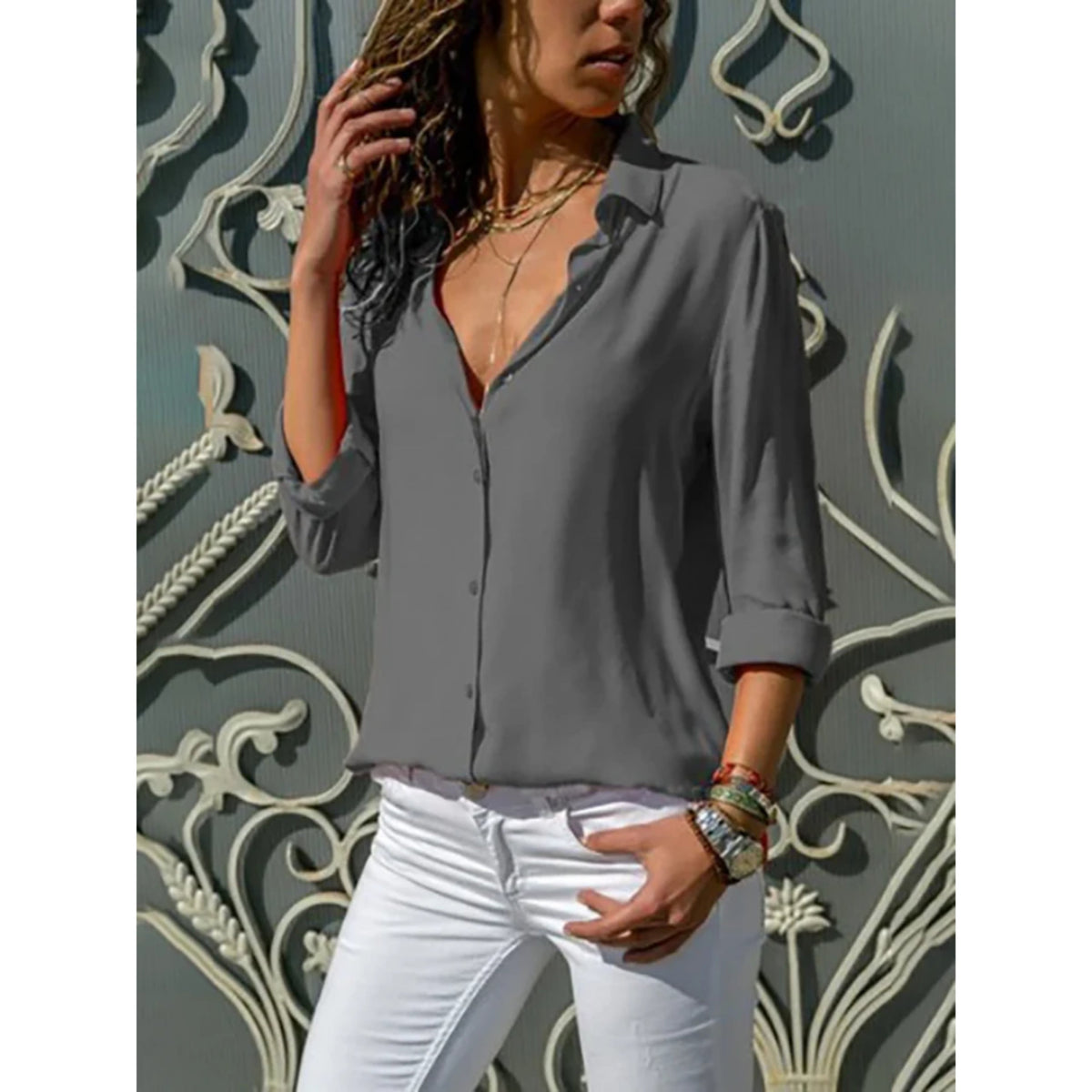 Women's Tailored Button Front Blouse – Long Sleeve Office Work Blouse