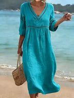 Women's V-Neck Pocket Summer Dress – Short Sleeve Midi Dress