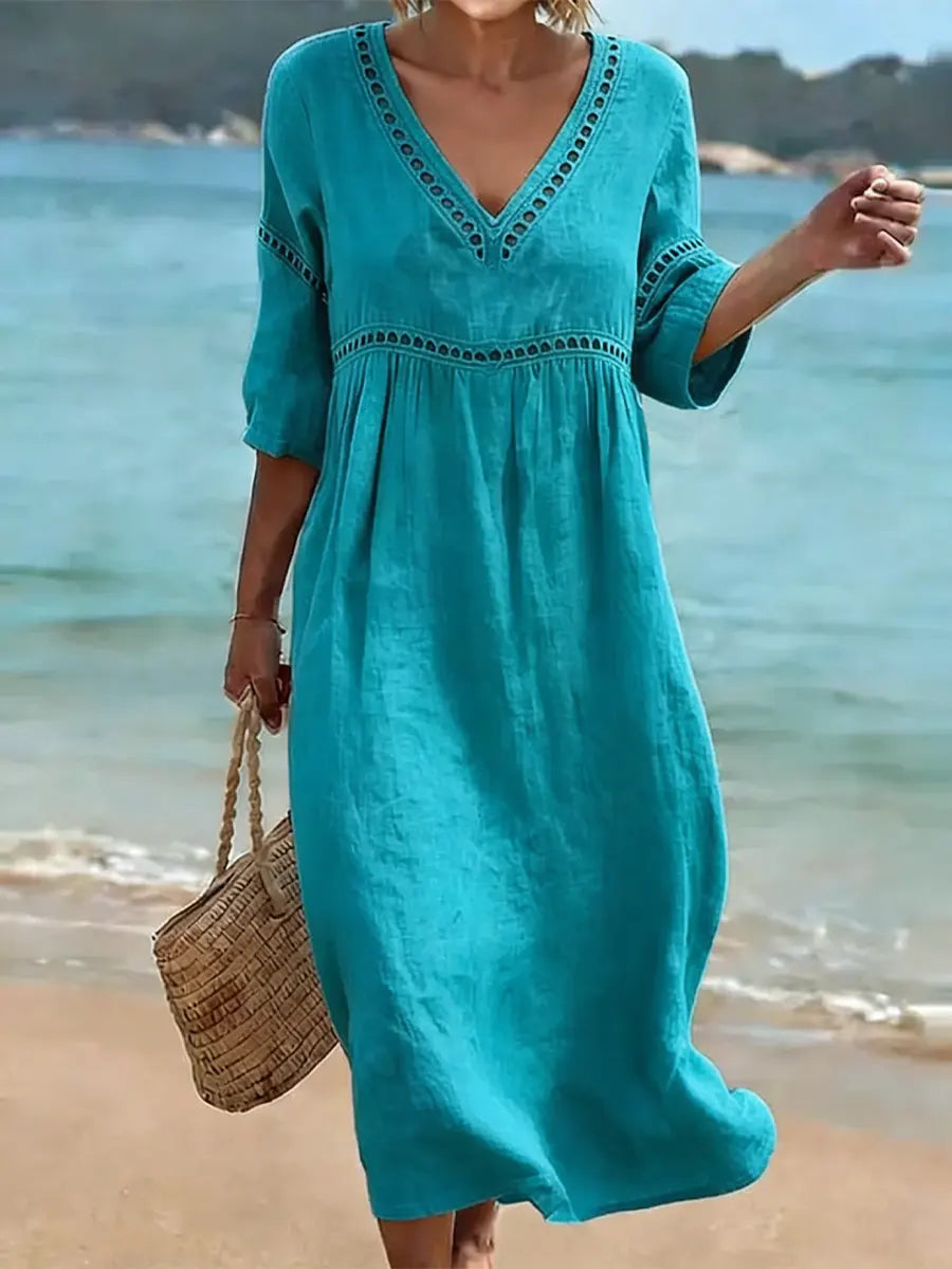 Women's V-Neck Pocket Summer Dress – Short Sleeve Midi Dress