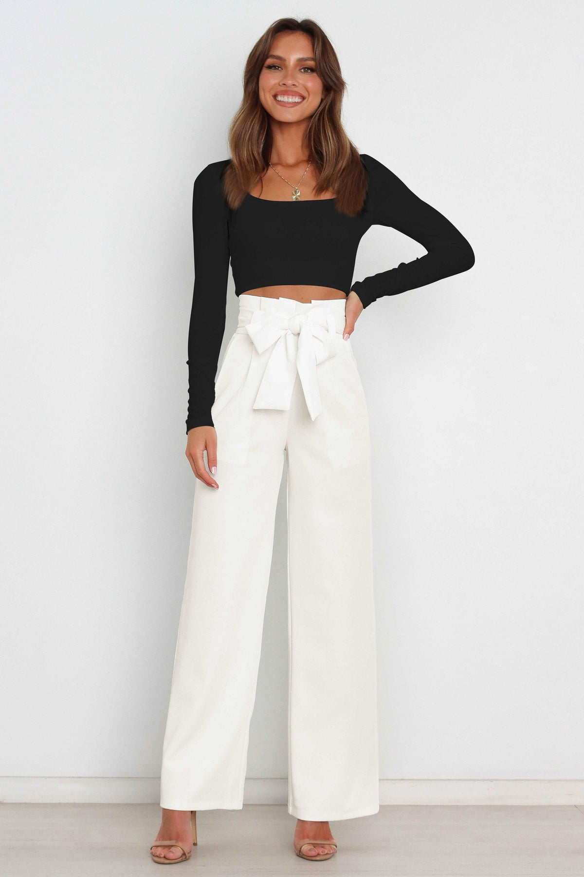 Women's Bow Tie Paperbag Waist Pants – High Rise Wide Leg Trousers