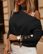 Women's Off-Shoulder Knit Sweater – Chain Strap Button Detail Sweater