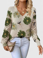 Women's V-Neck Floral Cardigan – Button Front Patterned Knit Cardigan