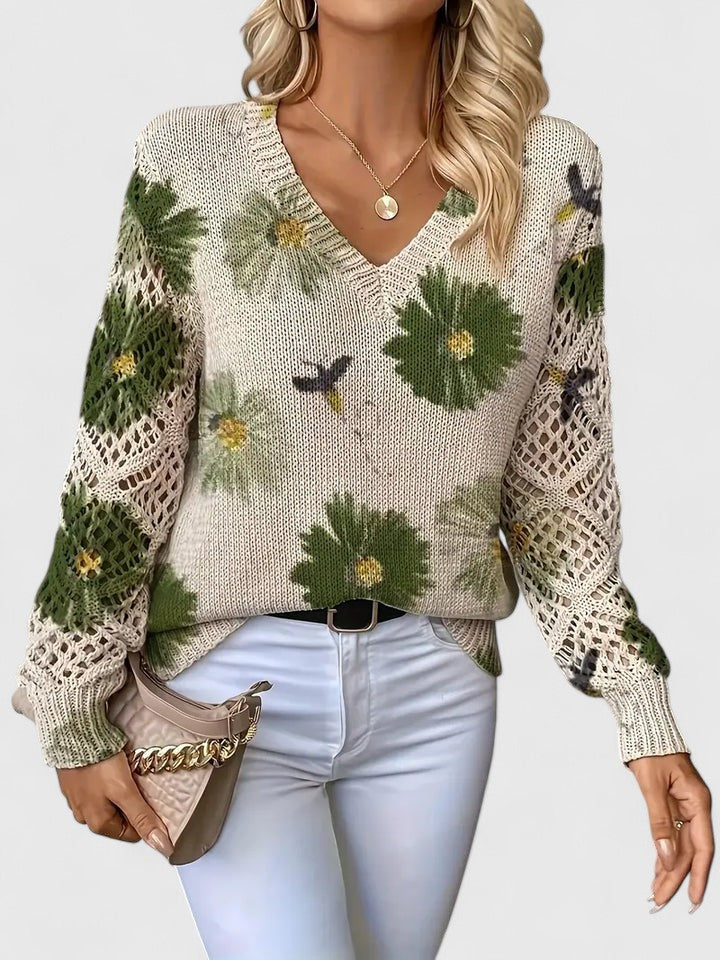 Women's V-Neck Floral Cardigan – Button Front Patterned Knit Cardigan