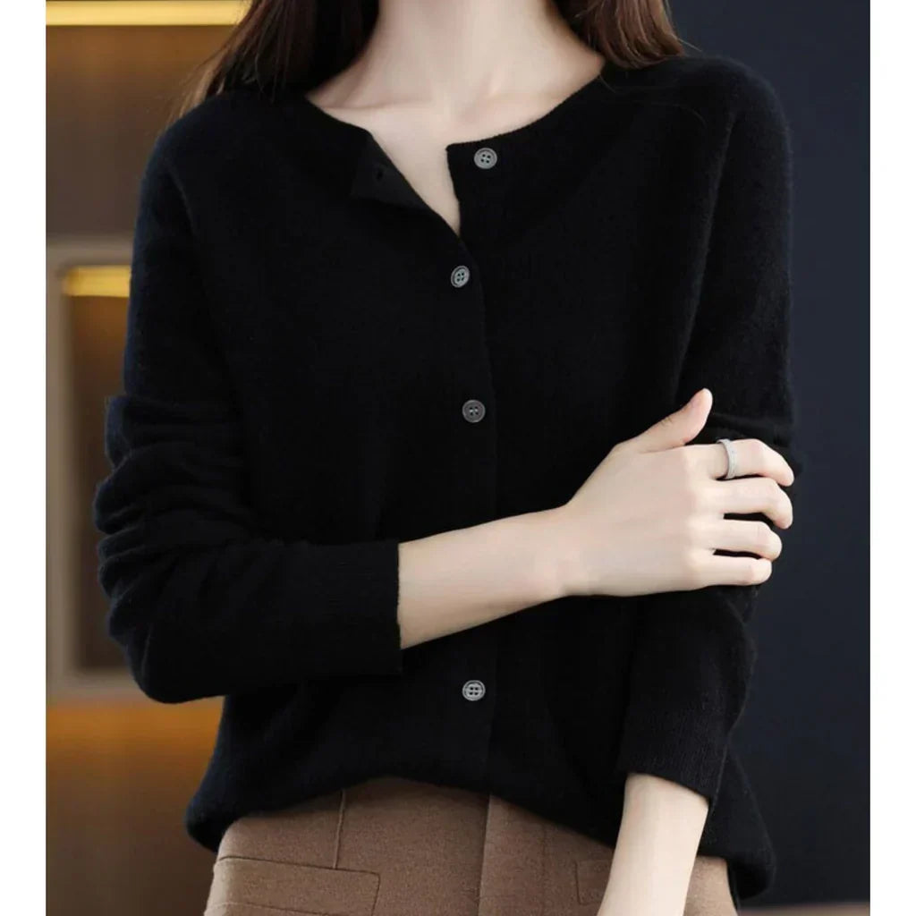 Women's Round Neck Button Cardigan – Lightweight Long Sleeve Cardigan