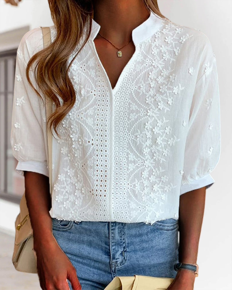 Women's V-Neck Long Sleeve Blouse – Puff Sleeve Relaxed Blouse