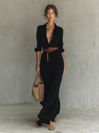 Women's Belted Maxi Shirt Dress – Long Sleeve Lapel Collar Dress