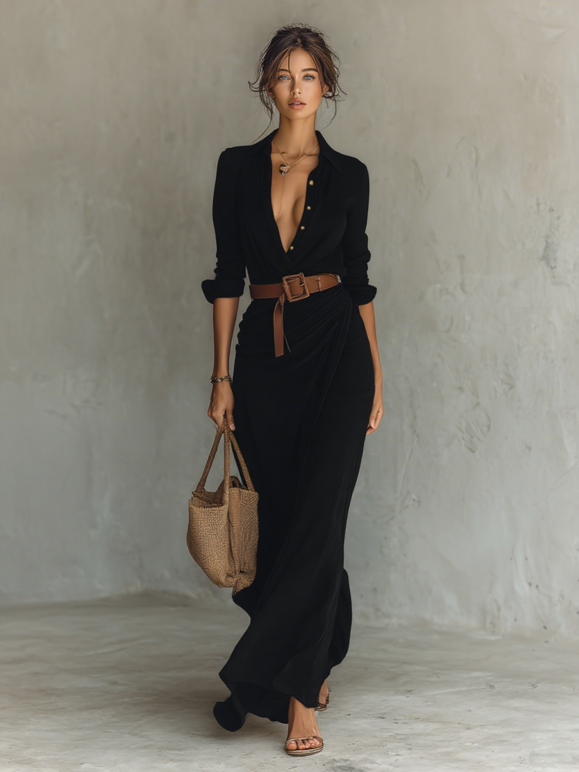 Women's Belted Maxi Shirt Dress – Long Sleeve Lapel Collar Dress