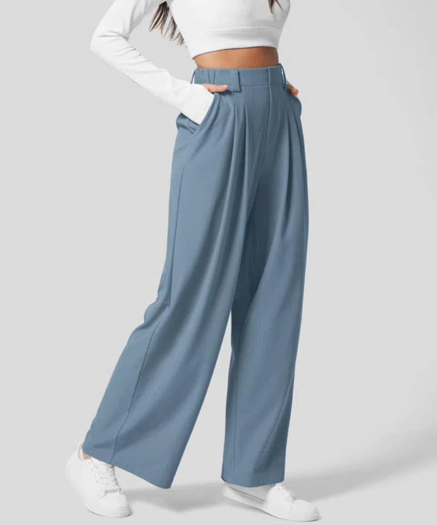 Women's High Waisted Four Pocket Pants – Elastic Waist Wide Leg Trousers