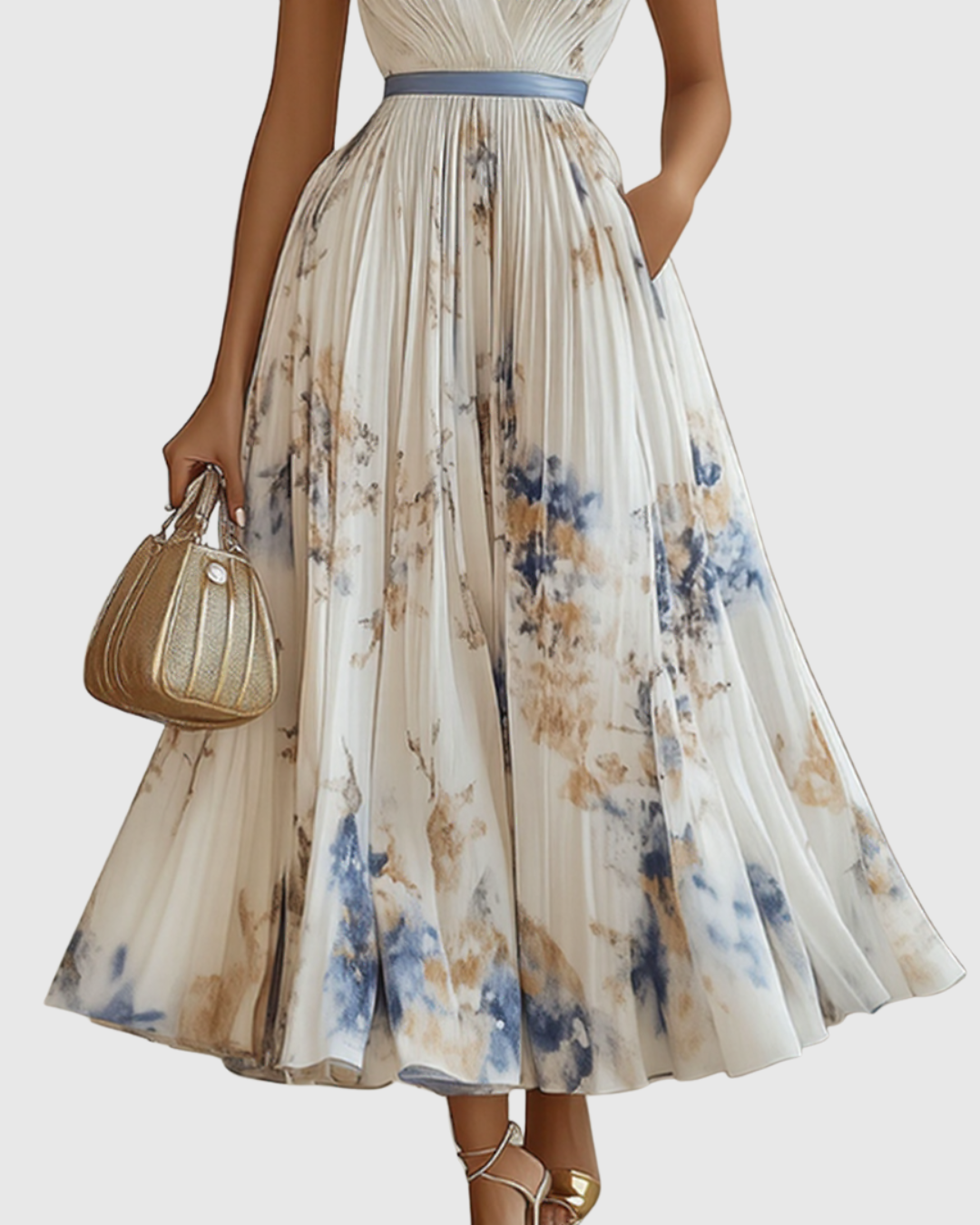 Women's Pleated Wedding Guest Midi Dress – Sleeveless Floral Occasion Dress
