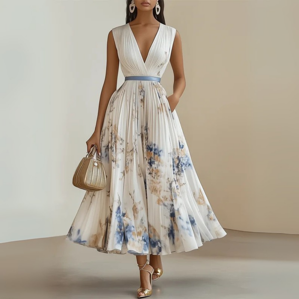 Women's Pleated Floral Maxi Dress – Sleeveless Wedding Guest Occasion Dress