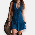 Women's Boho Ruffle Dress – V-Neck Cinched Waist Summer Dress