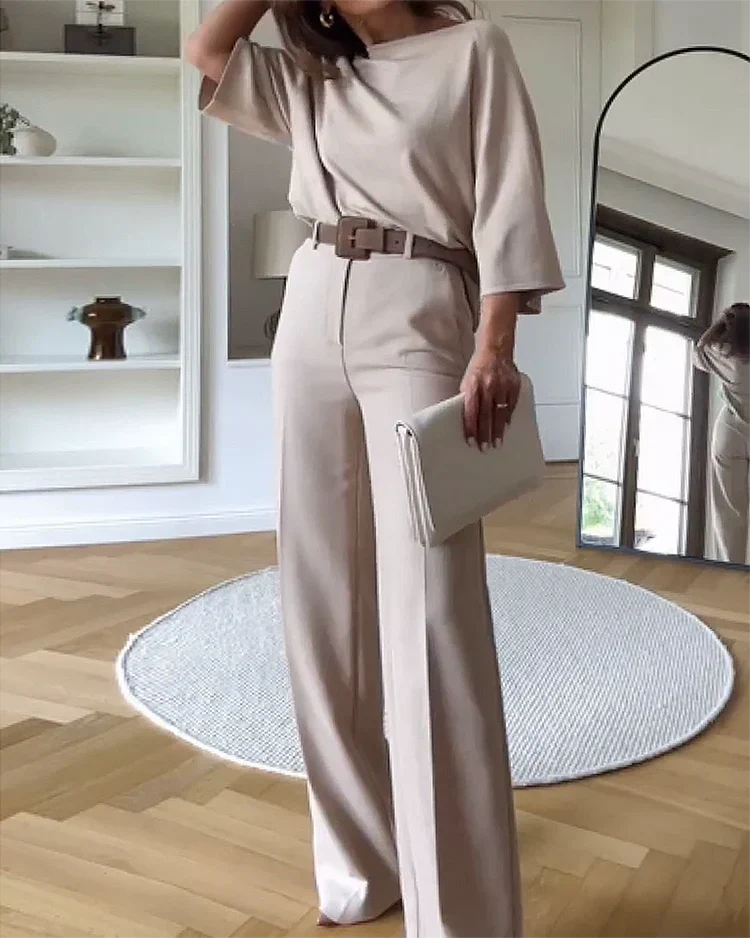 Women's Tailored Pants Set – Relaxed Top & Wide Leg Dress Trousers